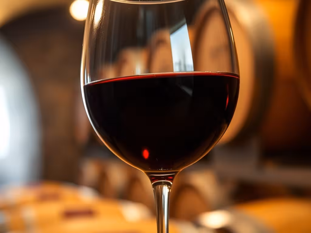 Verre de Bordeaux servi en cave, illustrant la robe profonde et généreuse du grand cru classique.