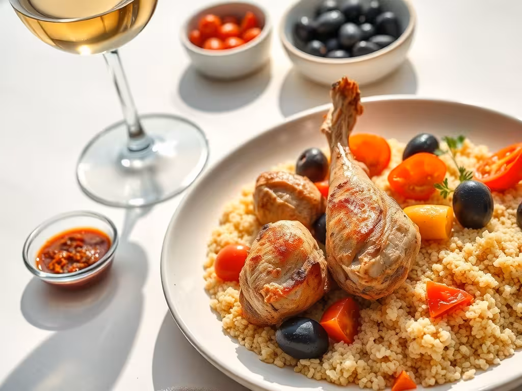 Couscous au poulet avec verre de vin blanc corsé, légumes frais et olives, table méditerranéenne