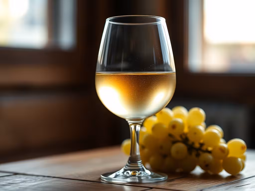 Verre de muscadet pâle avec raisins blancs, atmosphère de dégustation authentique