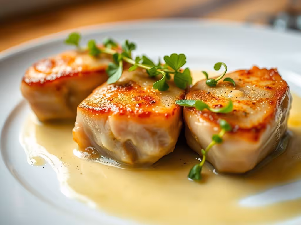 Ris de veau poêlé en gros plan avec sauce crème légère et herbes fraîches, présentation fine dining.
