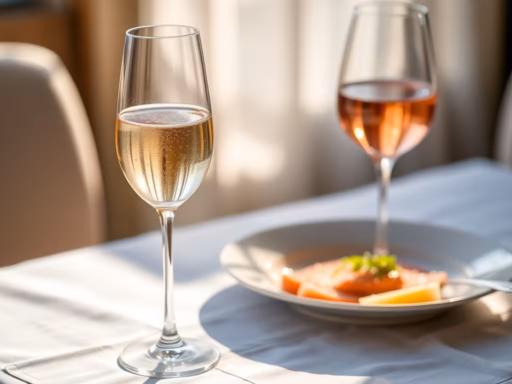 Verre de Champagne et verre de rosé aux côtés d'un ris de veau, accords mets-vins gastronomiques.