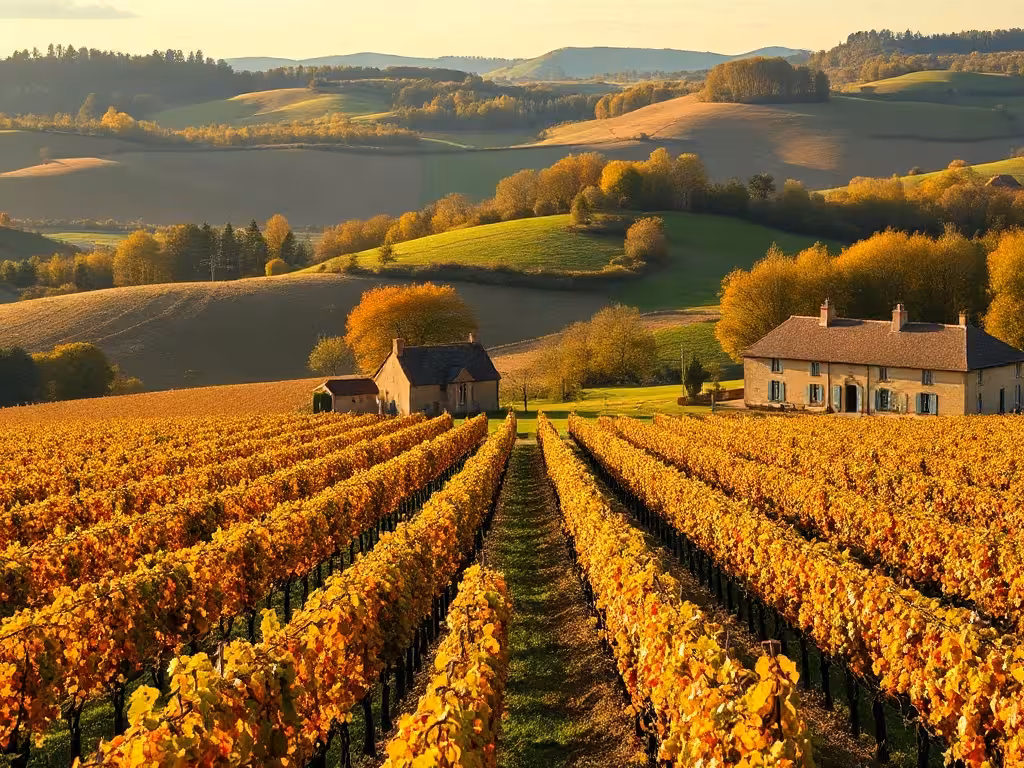 Vignoble de Bourgogne en automne, rangées de pieds de vigne et petit domaine familial