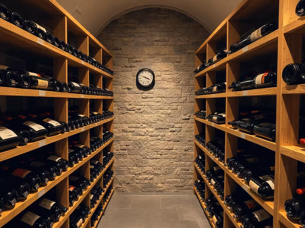 Cave de conservation avec bouteilles rangées horizontalement, conditions de stockage maîtrisées et traçabilité garantie