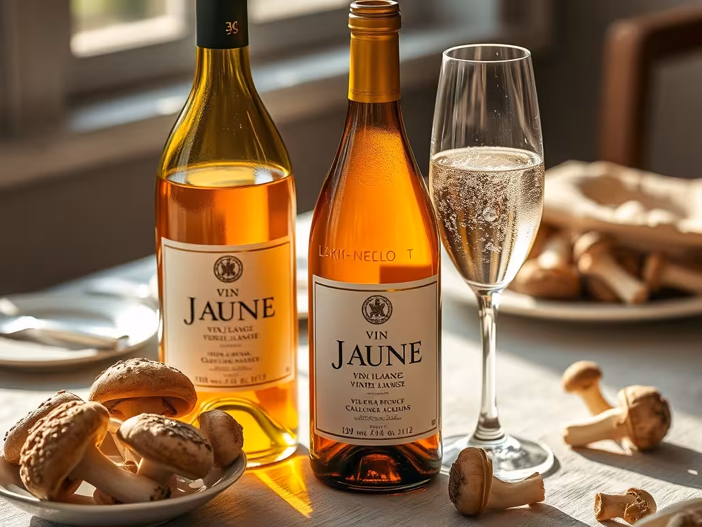 Bouteille de Vin Jaune ambrée à côté d'une flûte de Champagne et de champignons de Paris.