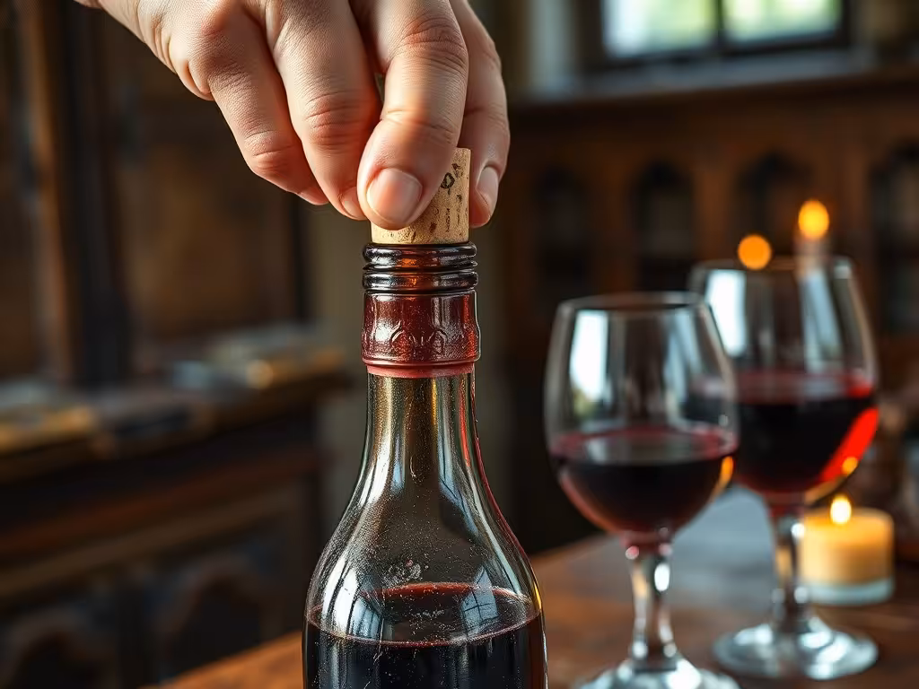 Débouchage d'une vieille bouteille : extraction du bouchon, vin visible dans verre cristal, moment critique de service.