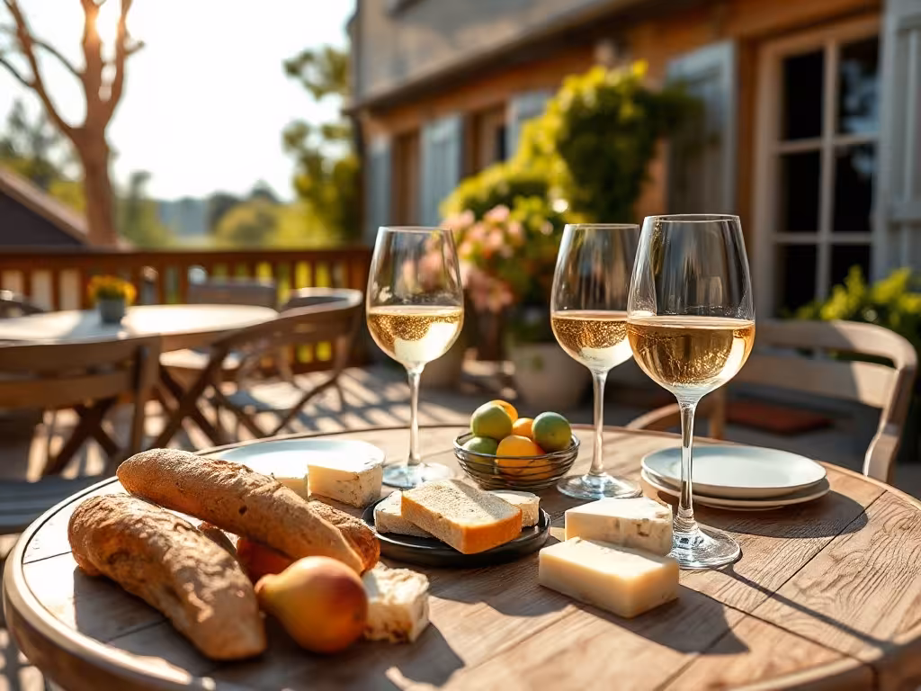 Verres de vin Loire, fromages et pains locaux, apéro dégustation terroir
