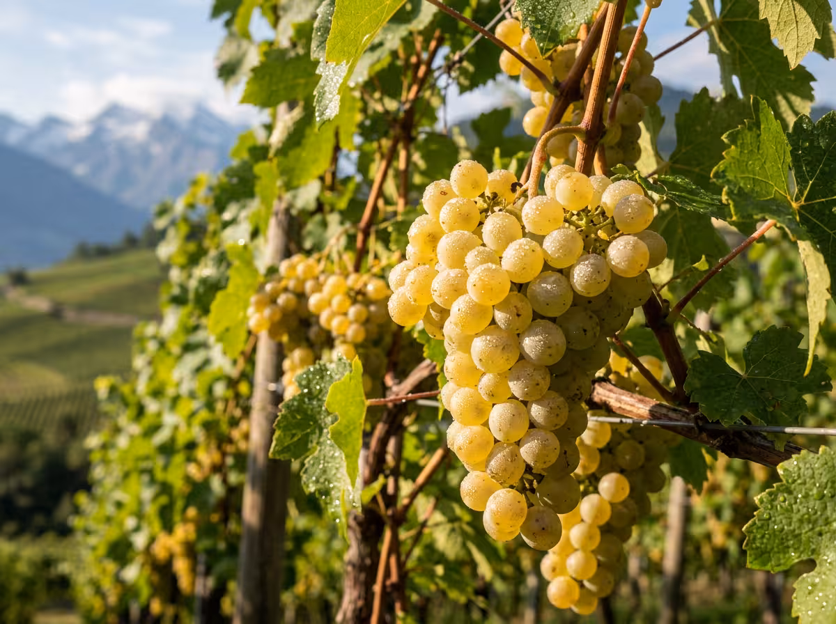 Grappes de raisins Jacquère en gros plan sur la vigne en montagne, rosée du matin