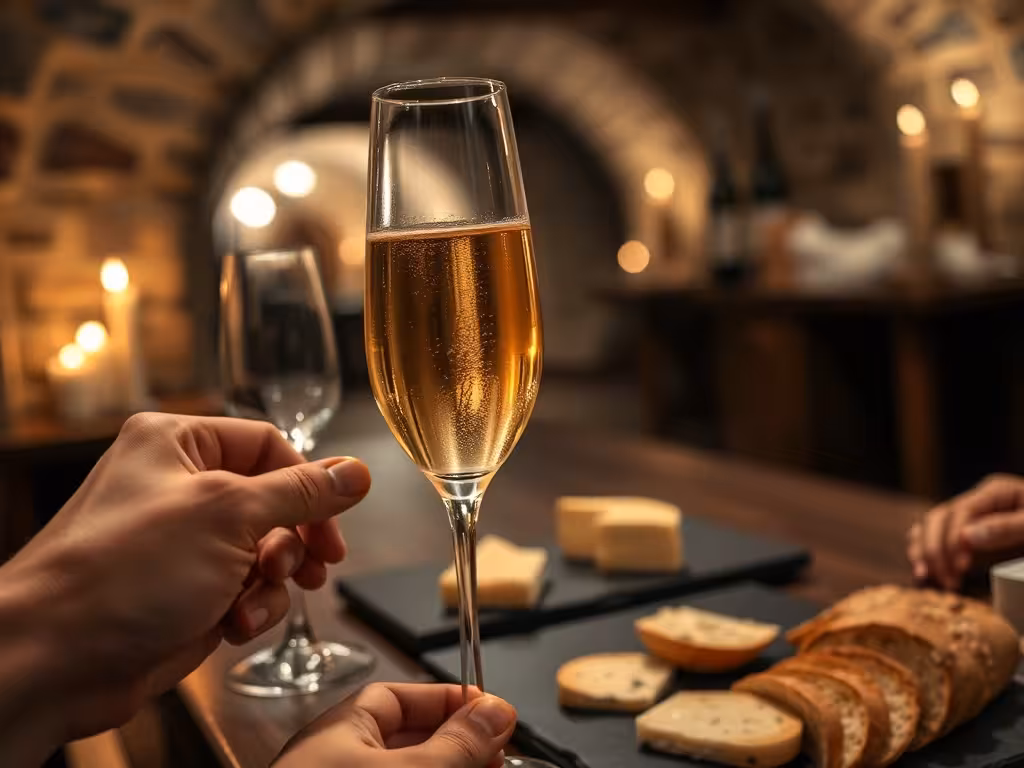 Dégustation de champagne en cave Reims : flûte pleine, plateau de fromage, ambiance authentique d'une grande maison