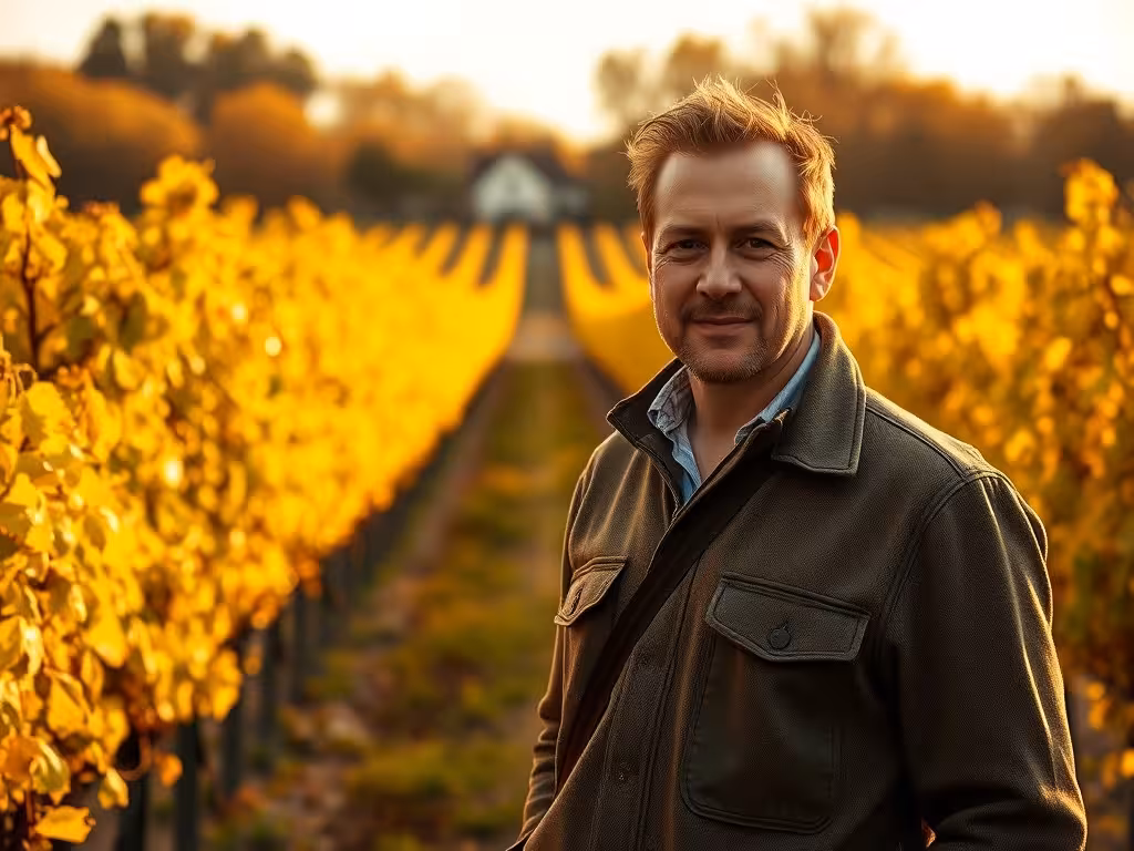 Petit vigneron indépendant Champagne Reims dans ses vignes d'automne, propriété familiale authentique